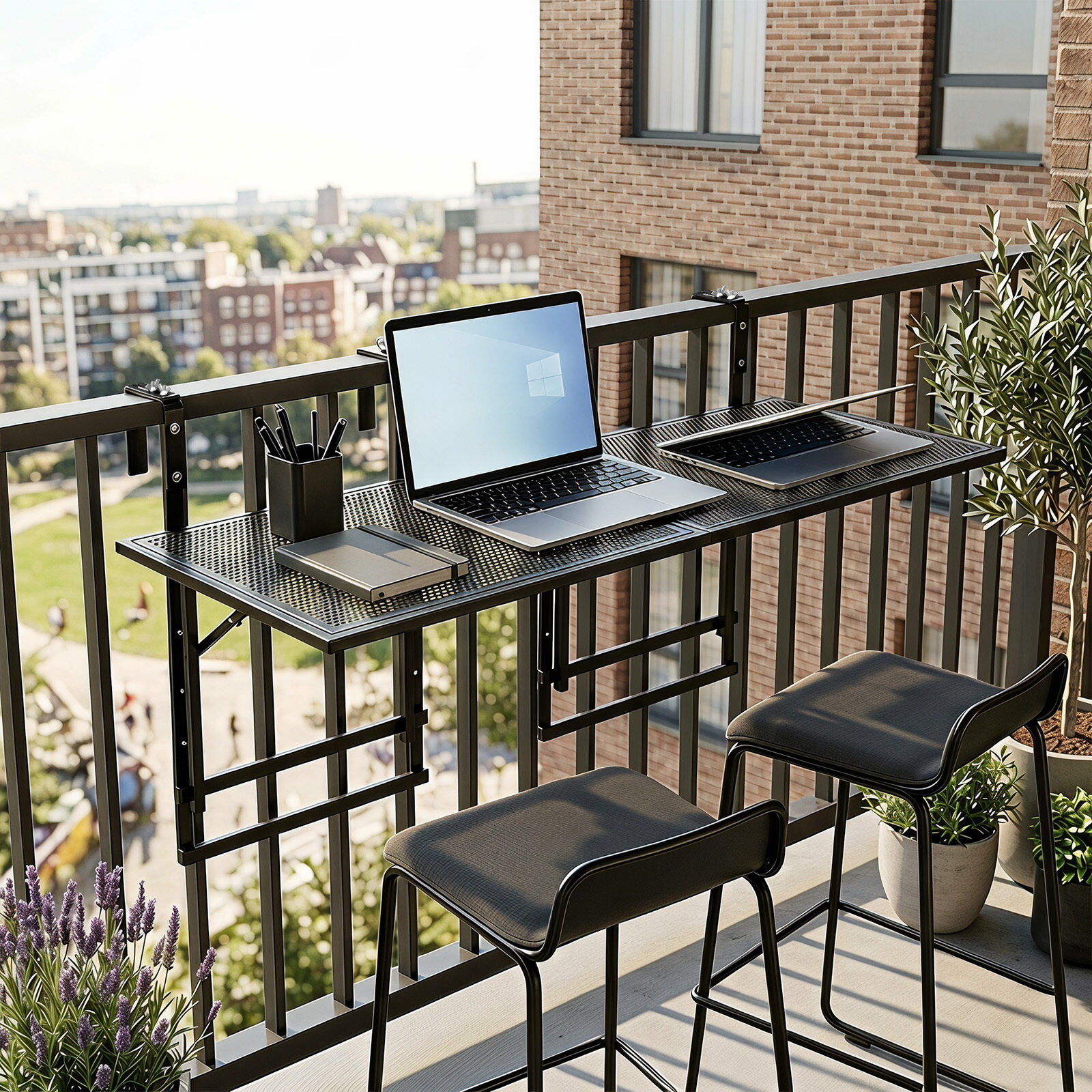 2 tk komplekt rõdupiirdelauda 122 cm 5-astmelise reguleeritava kõrgusega terrassile ja verandale - must
