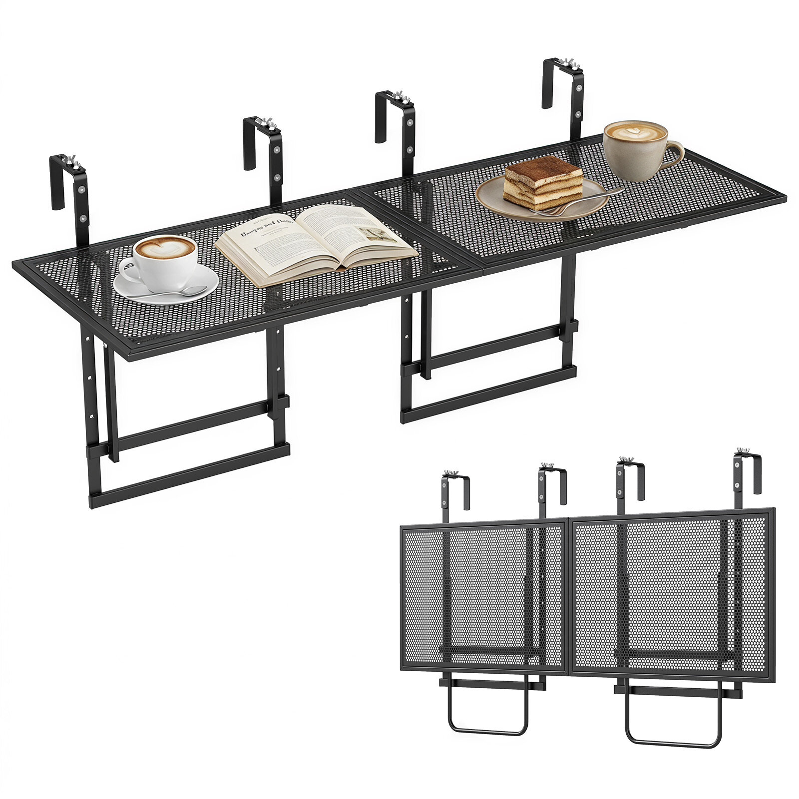 2 tk komplekt rõdupiirdelauda 122 cm 5-astmelise reguleeritava kõrgusega terrassile ja verandale - must