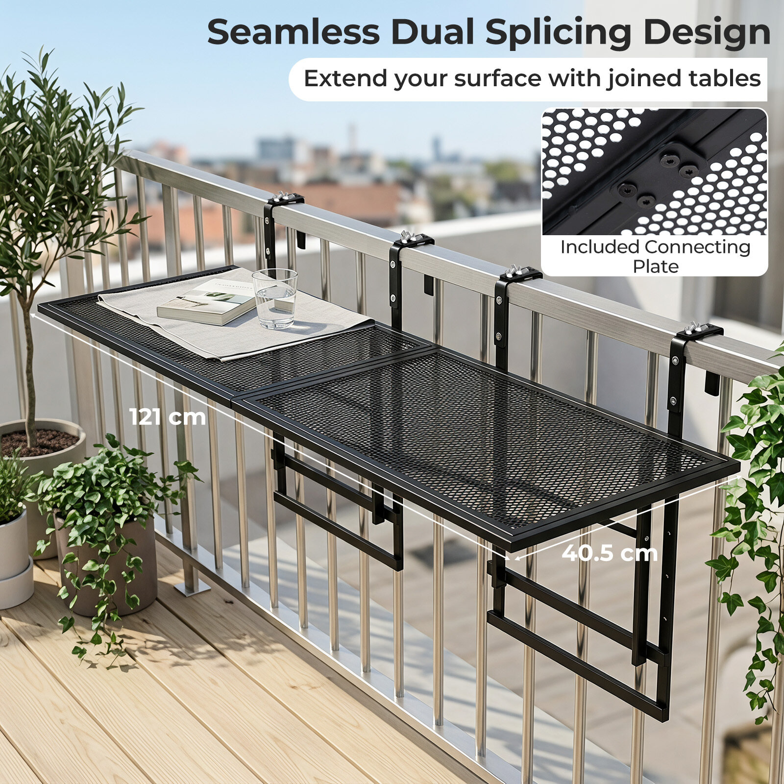 2 tk komplekt rõdupiirdelauda 122 cm 5-astmelise reguleeritava kõrgusega terrassile ja verandale - must