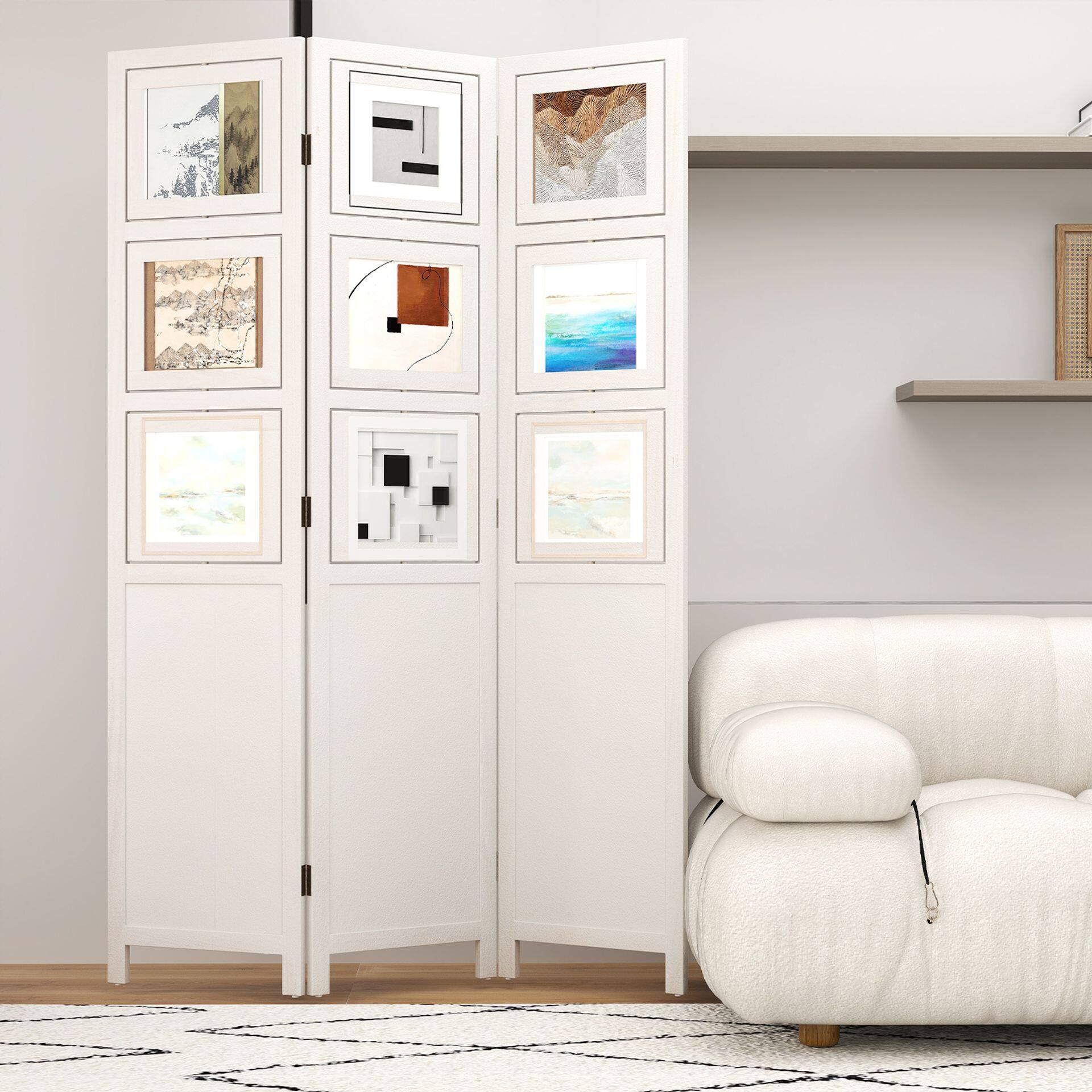 3 Panel Room Divider with 9 Rotating Photo Frames, 170cm Folding Screen for Living Room White 3 Panel Room Divider with 9 Rotating Photo Frames, 170cm Folding Screen for Living Room White