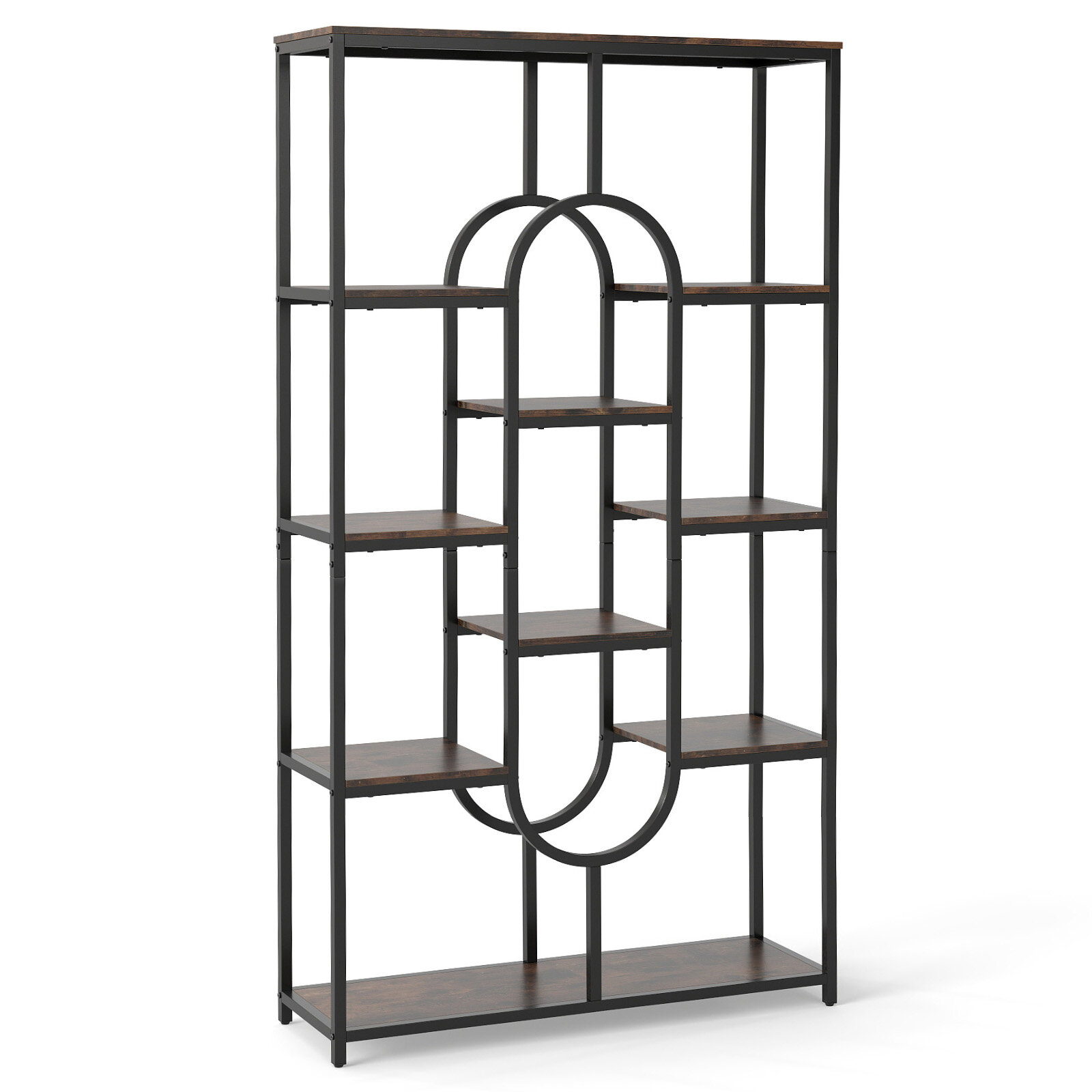 5-Tier Industrial Bookshelf with Open Shelves, Freestanding Oval-Shaped Tall Shelf, Rustic Brown