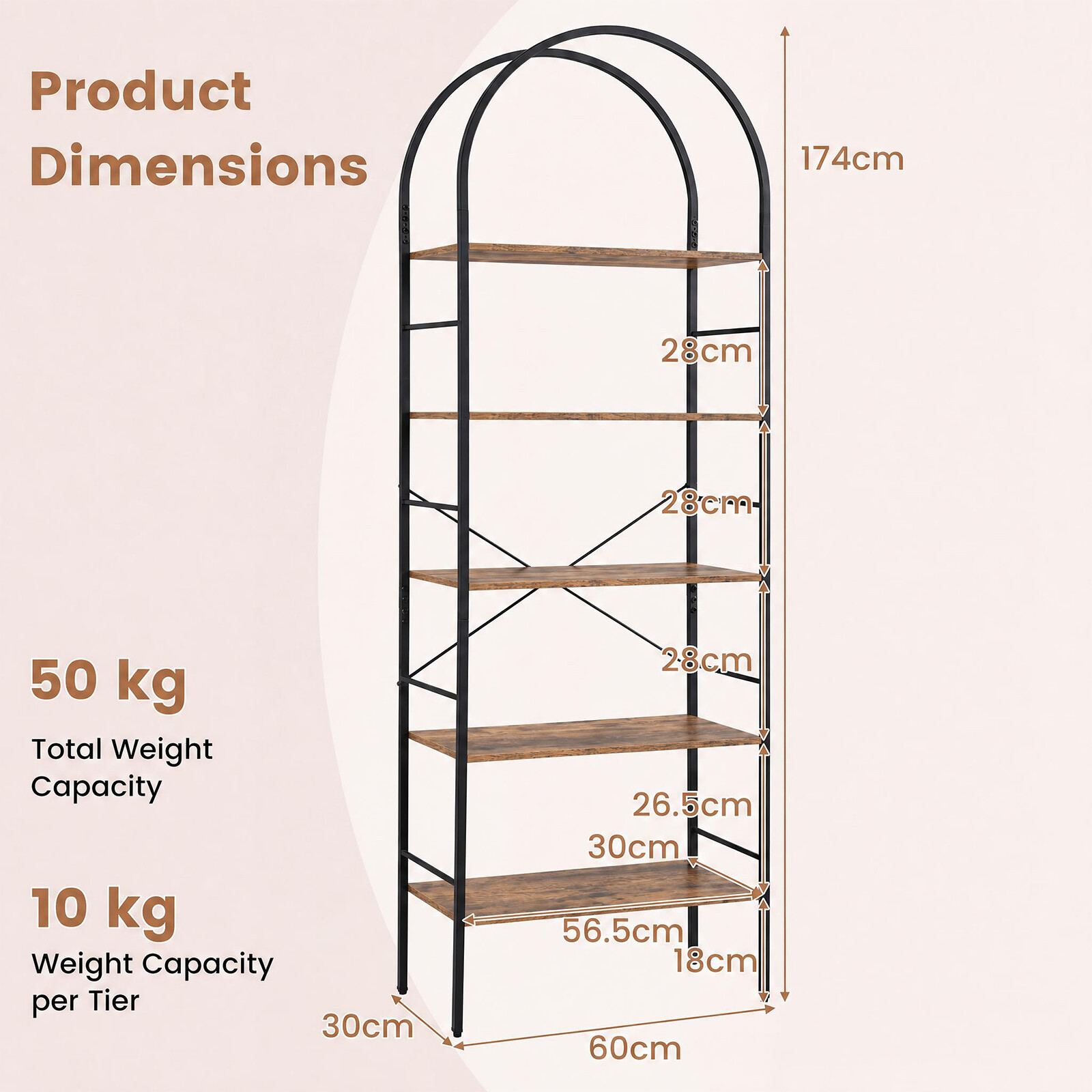 5-Tier Arched Bookcase with Open Wooden Shelves with Metal Frame-Rusticbrown 5-Tier Arched Bookcase with Open Wooden Shelves with Metal Frame-Rusticbrown