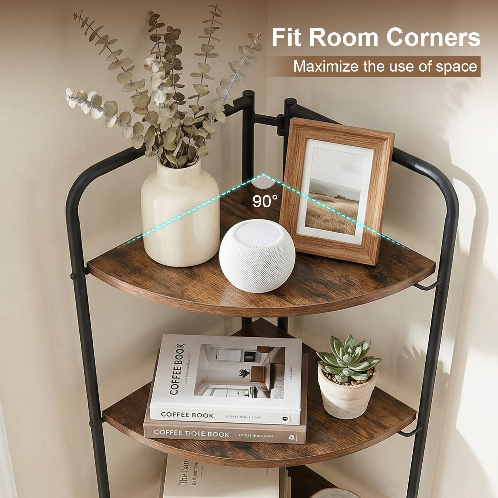 5-Tier Folding Corner Shelf Freestanding Open Display Rack with Heavy-duty Metal Frame-Rustic Brown