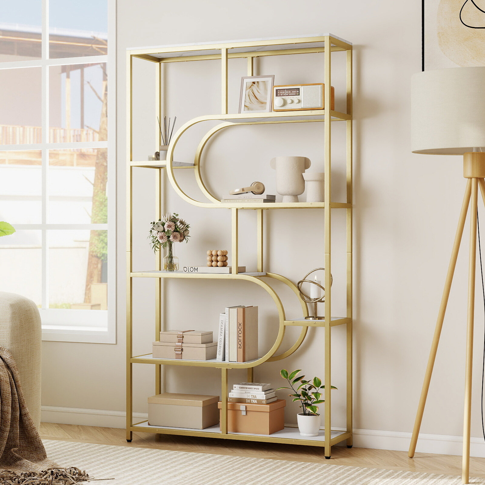 8-Tier Bookshelf, White and Gold Shelving Unit with Open Shelves, Freestanding U-Shaped Tall Shelf, White