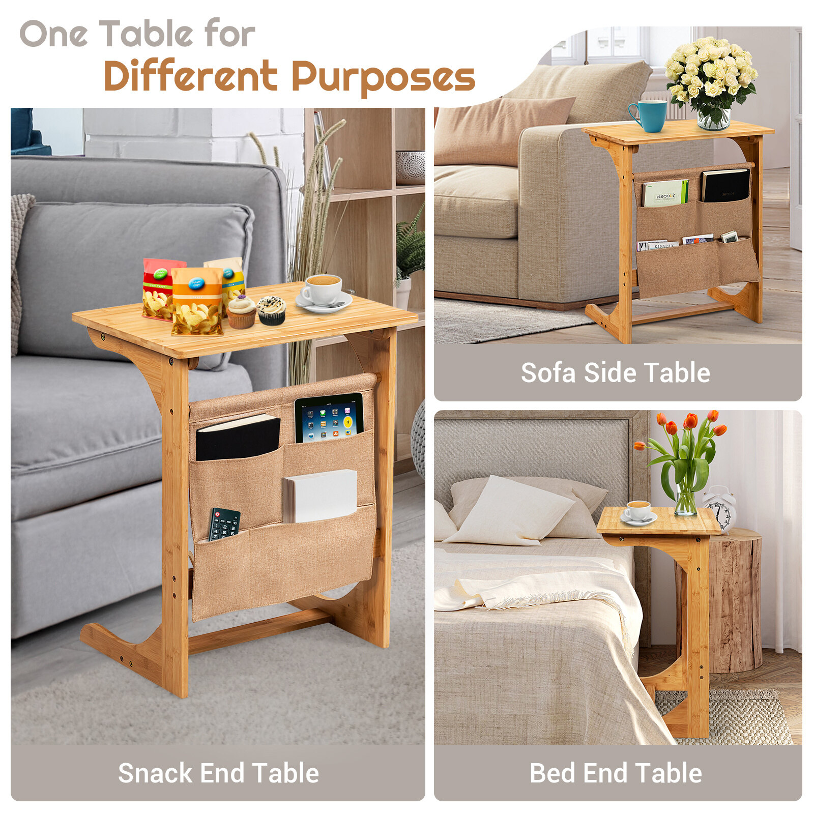 Bamboo Sofa Table End Table Bedside Table with Storage Bag Bamboo Sofa Table End Table Bedside Table with Storage Bag