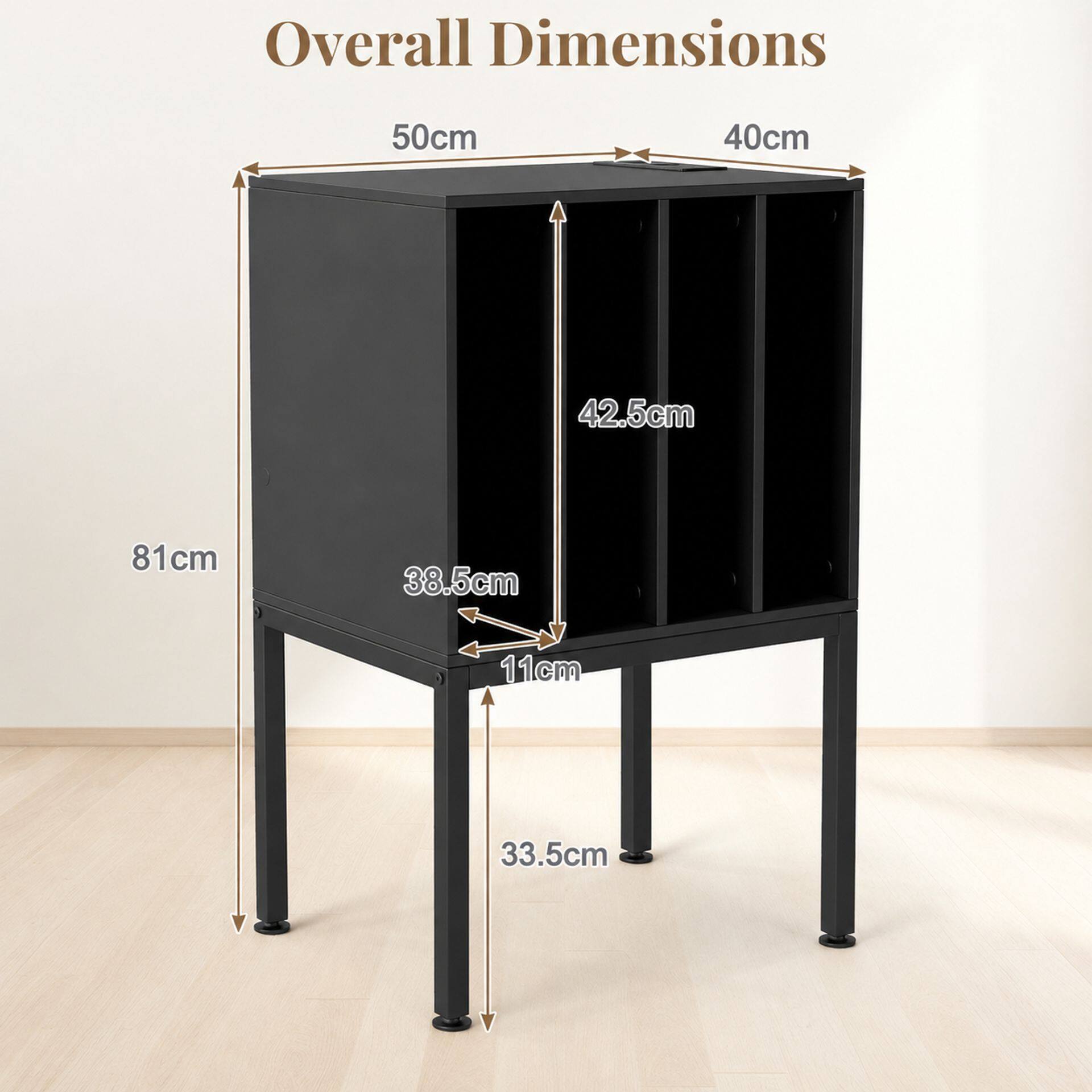 Turntable Stand with Vinyl Storage Shelves and Raised Metal Legs-Black Turntable Stand with Vinyl Storage Shelves and Raised Metal Legs-Black
