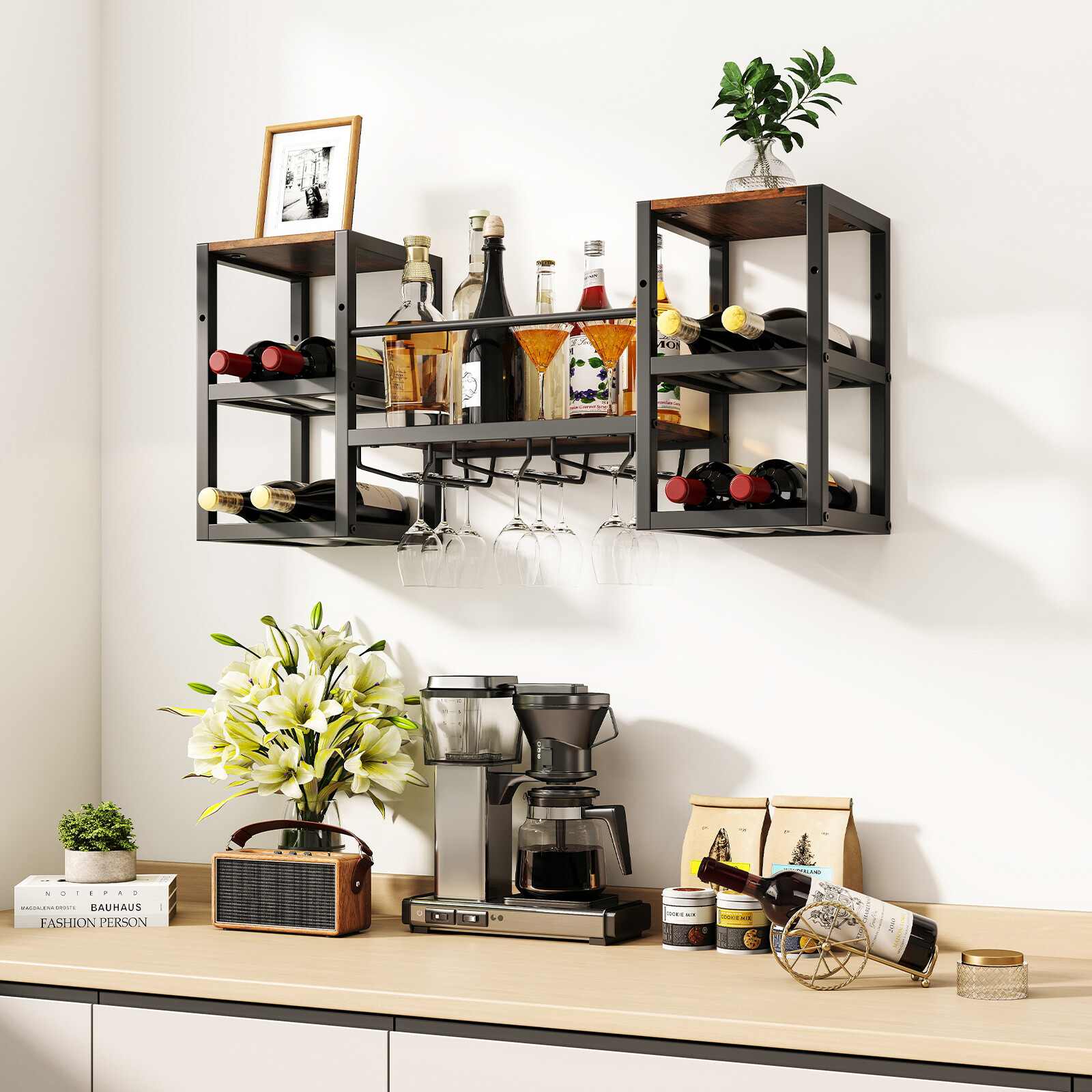 Wall Mounted Wine Rack with Glass Holder Heavy Duty Metal Frame 8 Bottle Holder with Open Shelf Rustic Brown