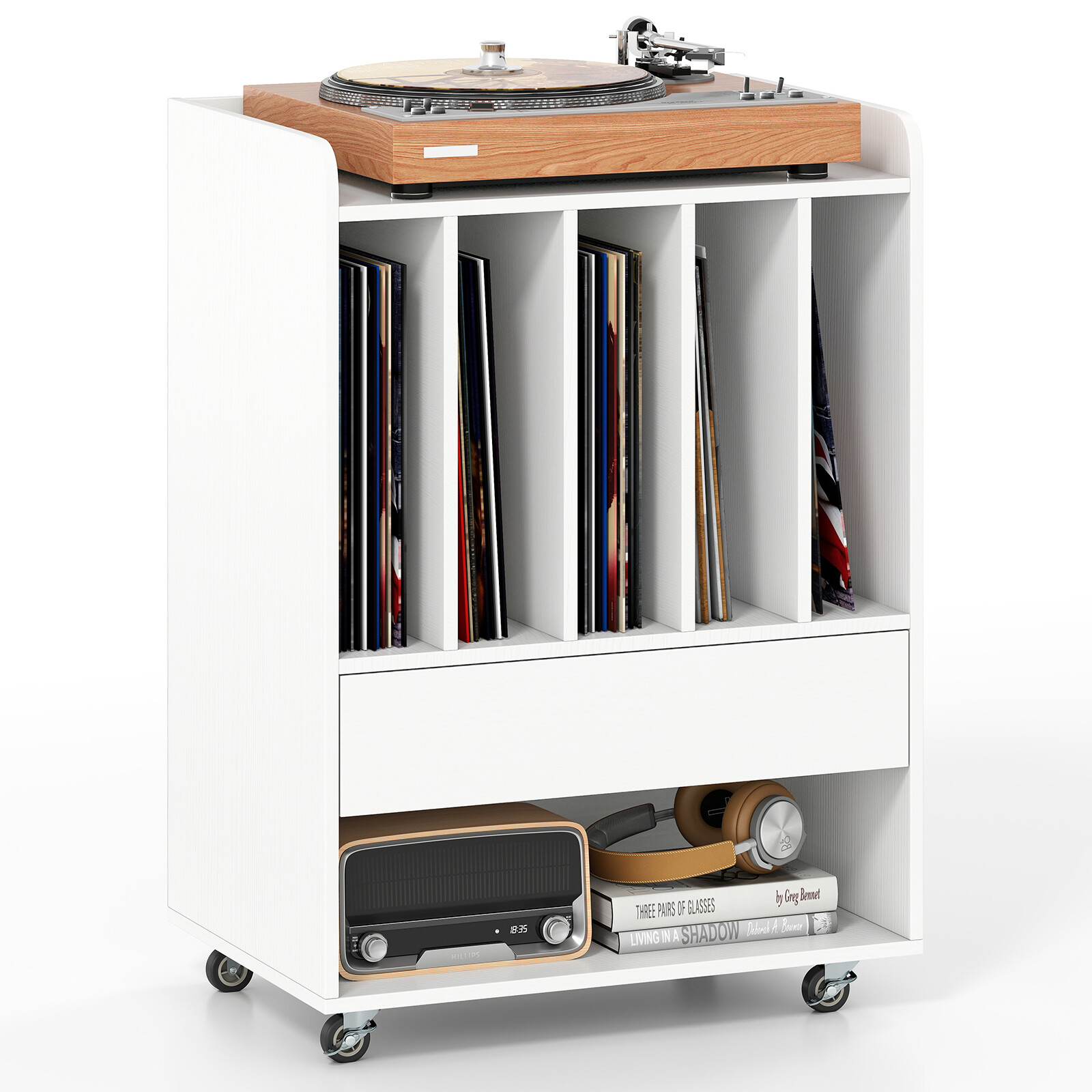 Costway Rolling Turntable Stand with 5 Compartments and Drawer & Open Shelf for Living Room-White