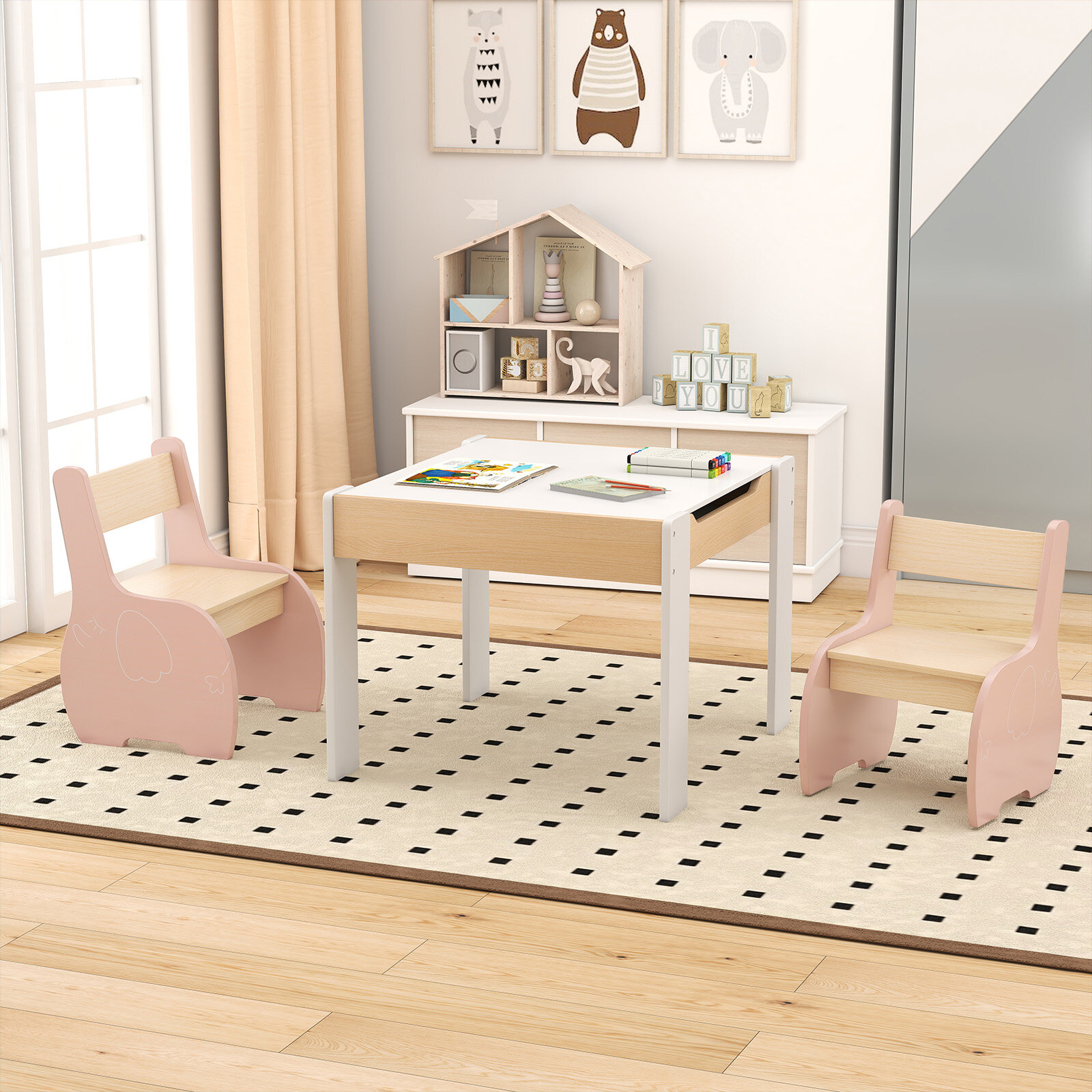 Kids Activity Table and 2 Chairs Wooden for Studying Daycare-Pink
