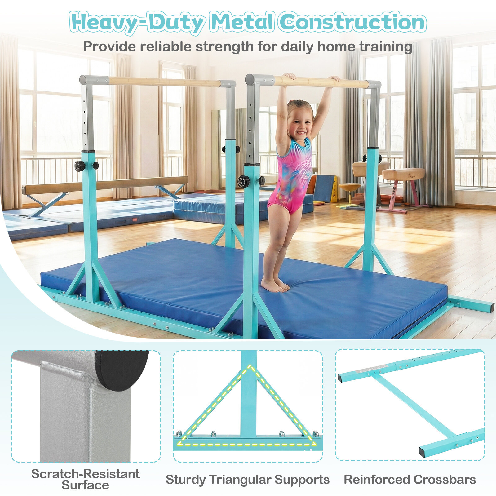 Võimlemislatt, kandevõime kuni 100 kg, kõrgus ja laius reguleeritavad, türkiissinine