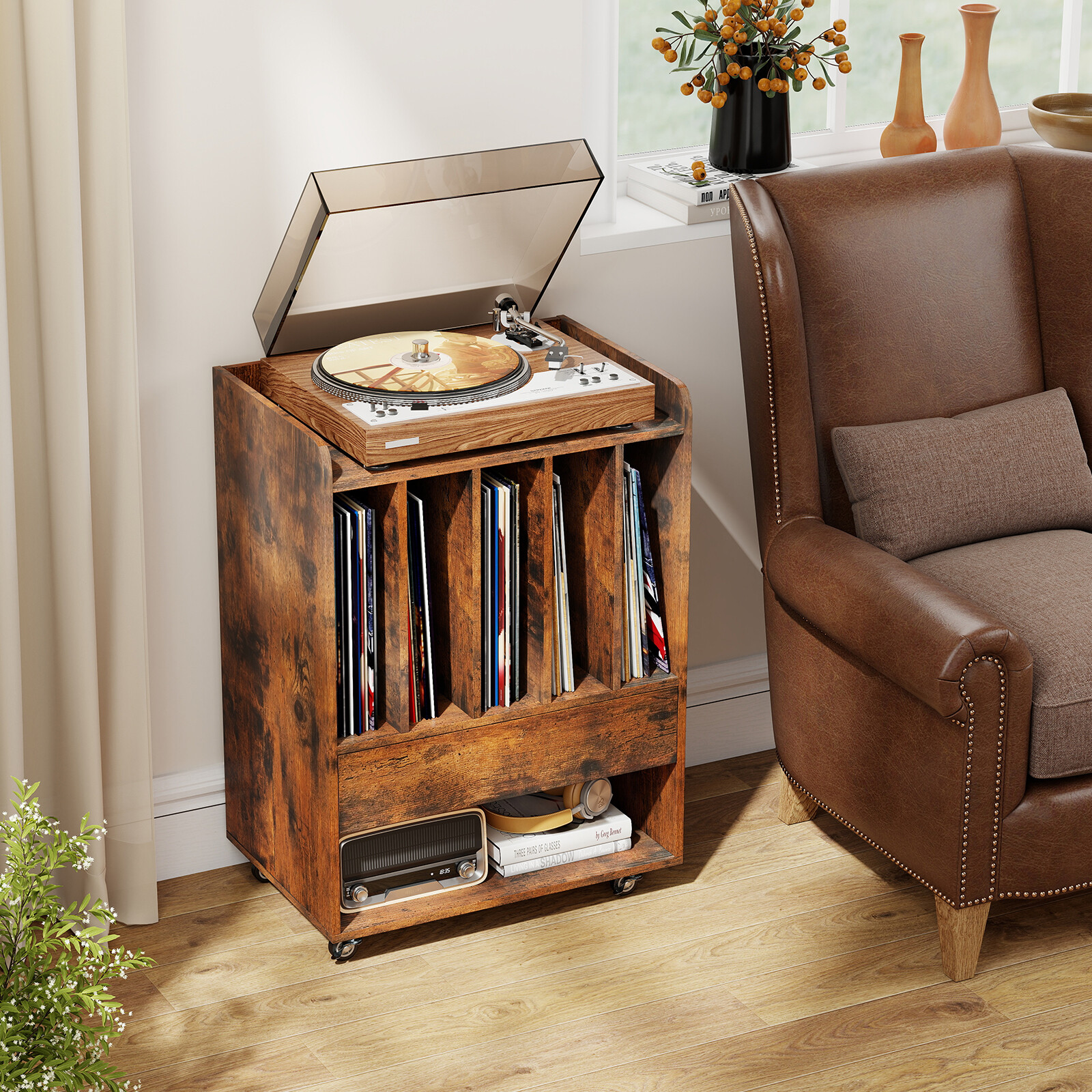 Rolling Turntable Stand with 5 Compartments and Drawer & Open Shelf for Living Room-Rustic Brown Rolling Turntable Stand with 5 Compartments and Drawer & Open Shelf for Living Room-Rustic Brown