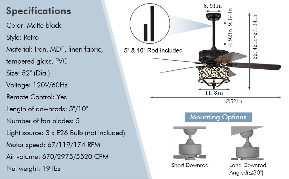 52 Inches Ceiling Fan with Remote Control