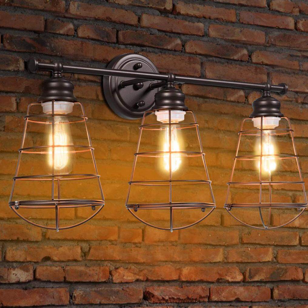 ARLIME 3-Light Vintage Vanity Lights, Industrial Metal Wire Cage Wall Sconces, Metal Wall Mount Lamp (Black & Golden)