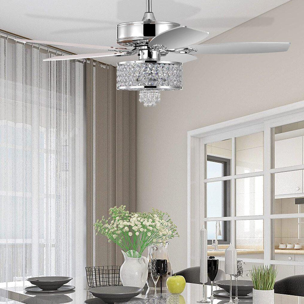 50 Inch Crystal Ceiling Fan with Lights & Remote Control, Modern Electrical Fan with 5 Wood Reversible Blades (Silver)