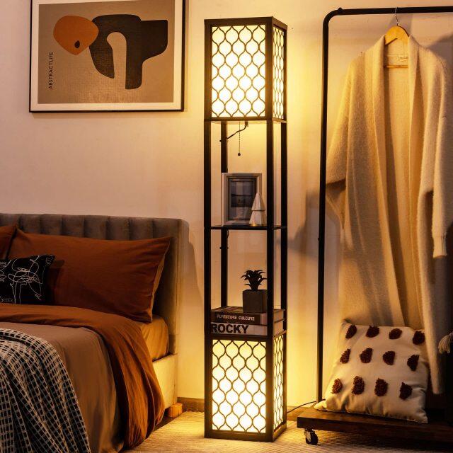 ARLIME Modern Shelf Floor Lamp, Freestanding Double Lamp w/ 2-Tier Wood Shelf & White Lampshade