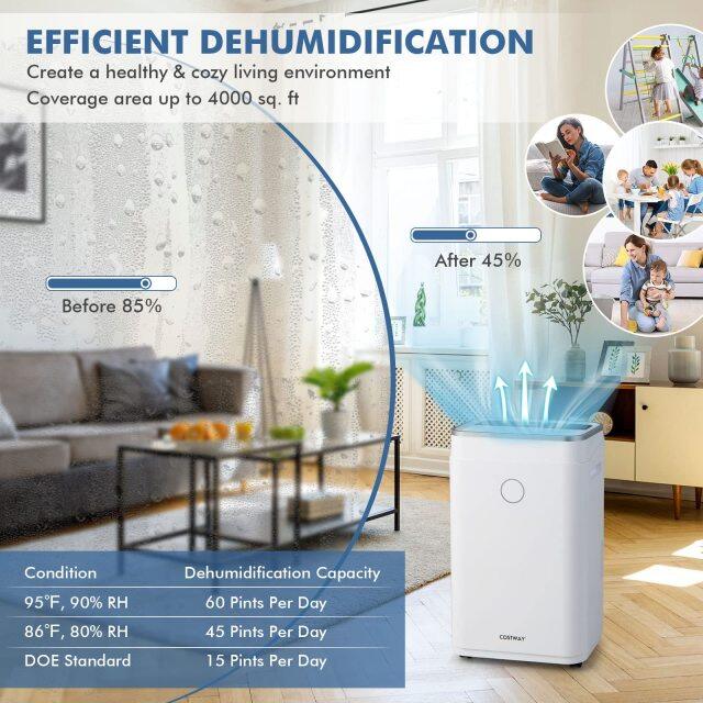 ARLIME Dehumidifier for Home and Basements, 60 Pints Dehumidifier Rooms up to 4000 Sq. Ft, with 3 Modes