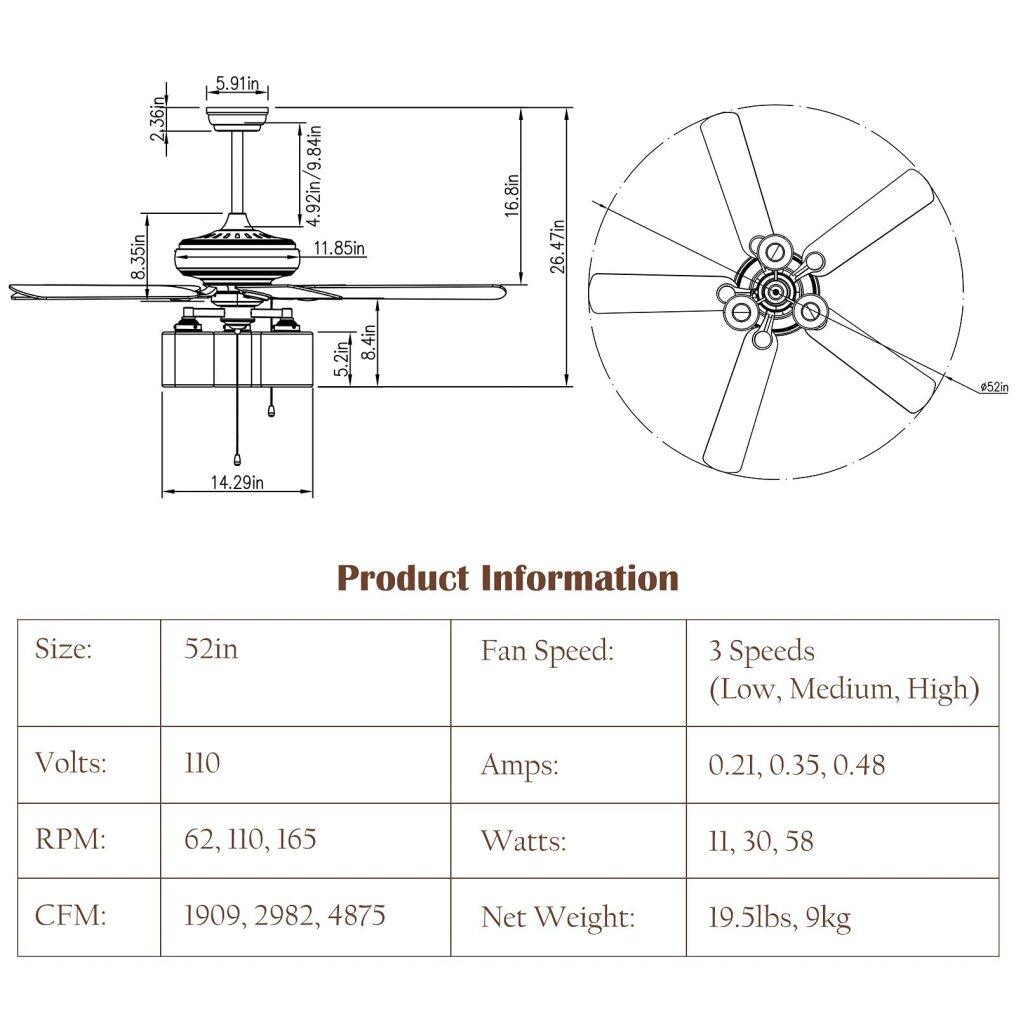 Ceiling Fan with Lights 52 Inch, Industrial Pull Chain Ceiling Fan with Lighting, Reversible Motor and 5 Blades