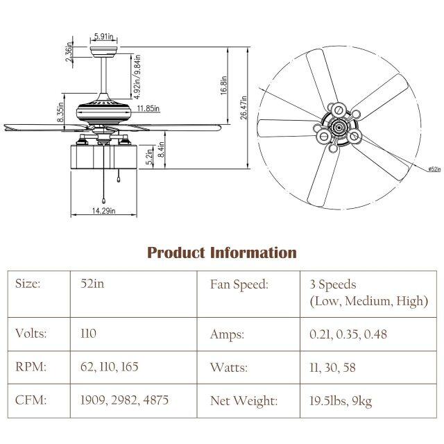 Ceiling Fan with Lights 52 Inch, Industrial Pull Chain Ceiling Fan with Lighting, Reversible Motor and 5 Blades