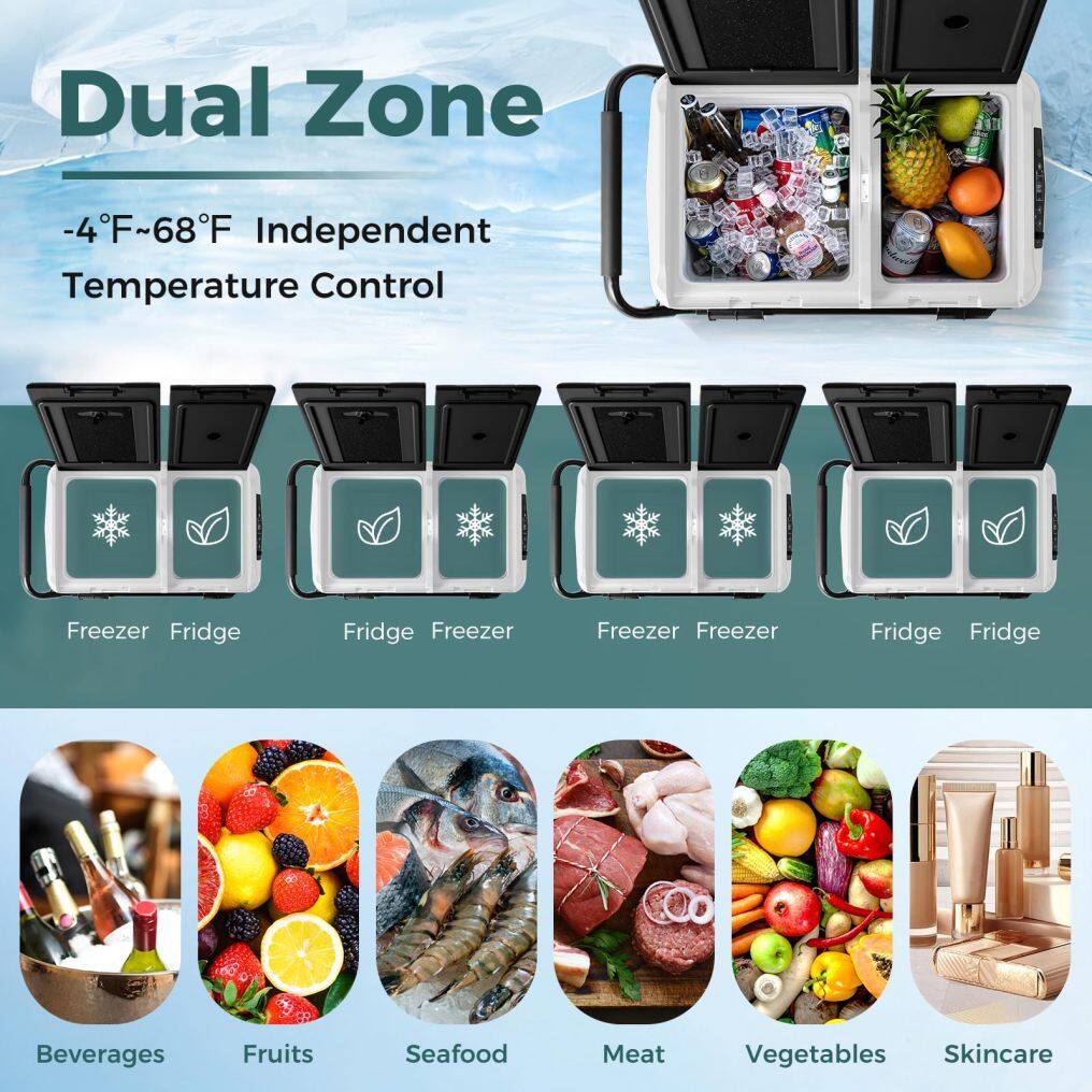 Car Refrigerator with Wheels, 53-Quart Dual-zone Dual-temperature Electric Cooler, 12V/24V DC, 100-240V AC, Black