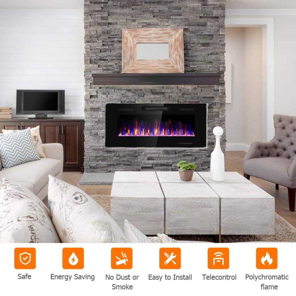 42 Inch Electric Fireplace Recessed and Wall Mounted, Fireplace Heater in-Wall Built with Remote Control, Timer, Touch Screen, Adjustable Color