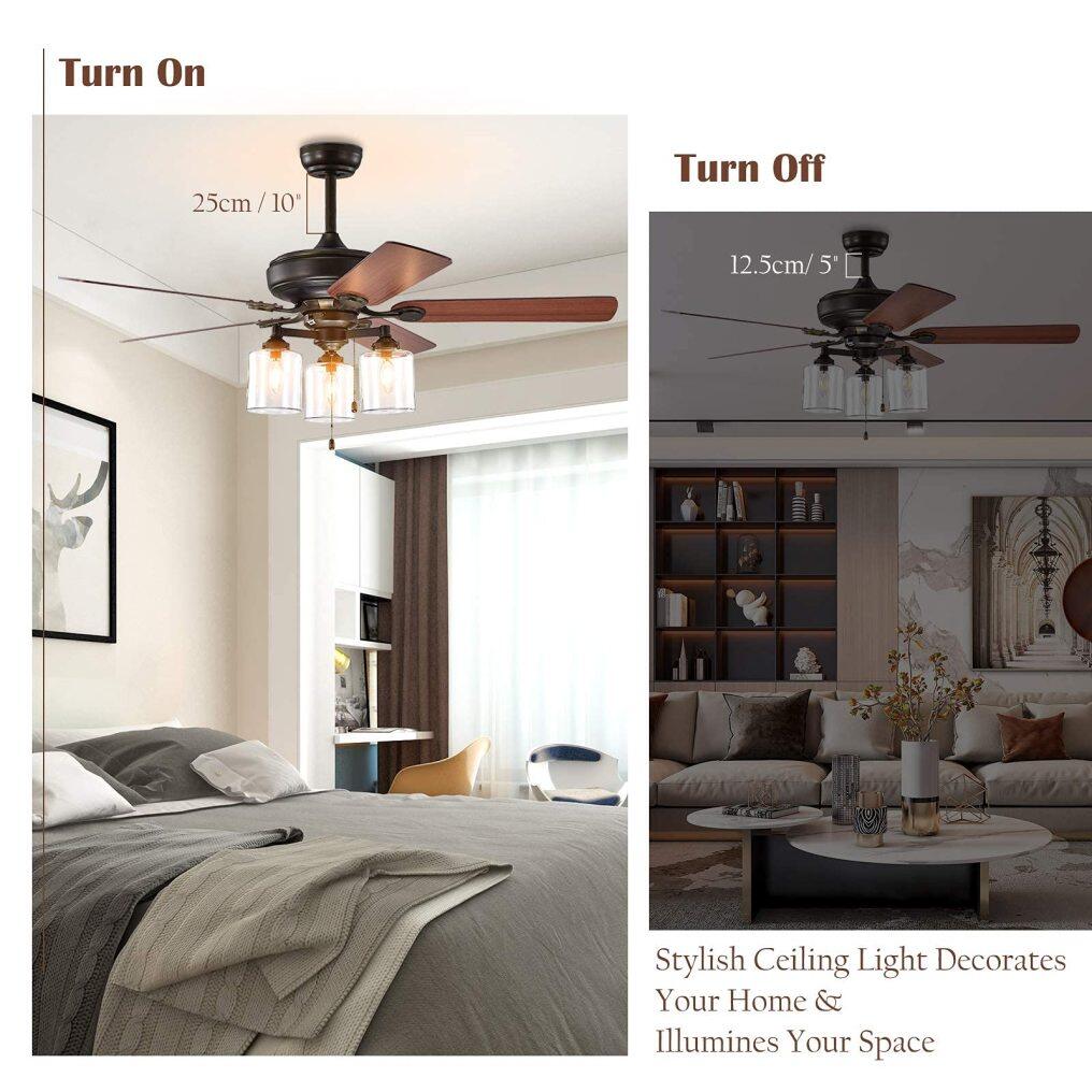 Ceiling Fan with Lights 52 Inch, Industrial Pull Chain Ceiling Fan with Lighting, Reversible Motor and 5 Blades