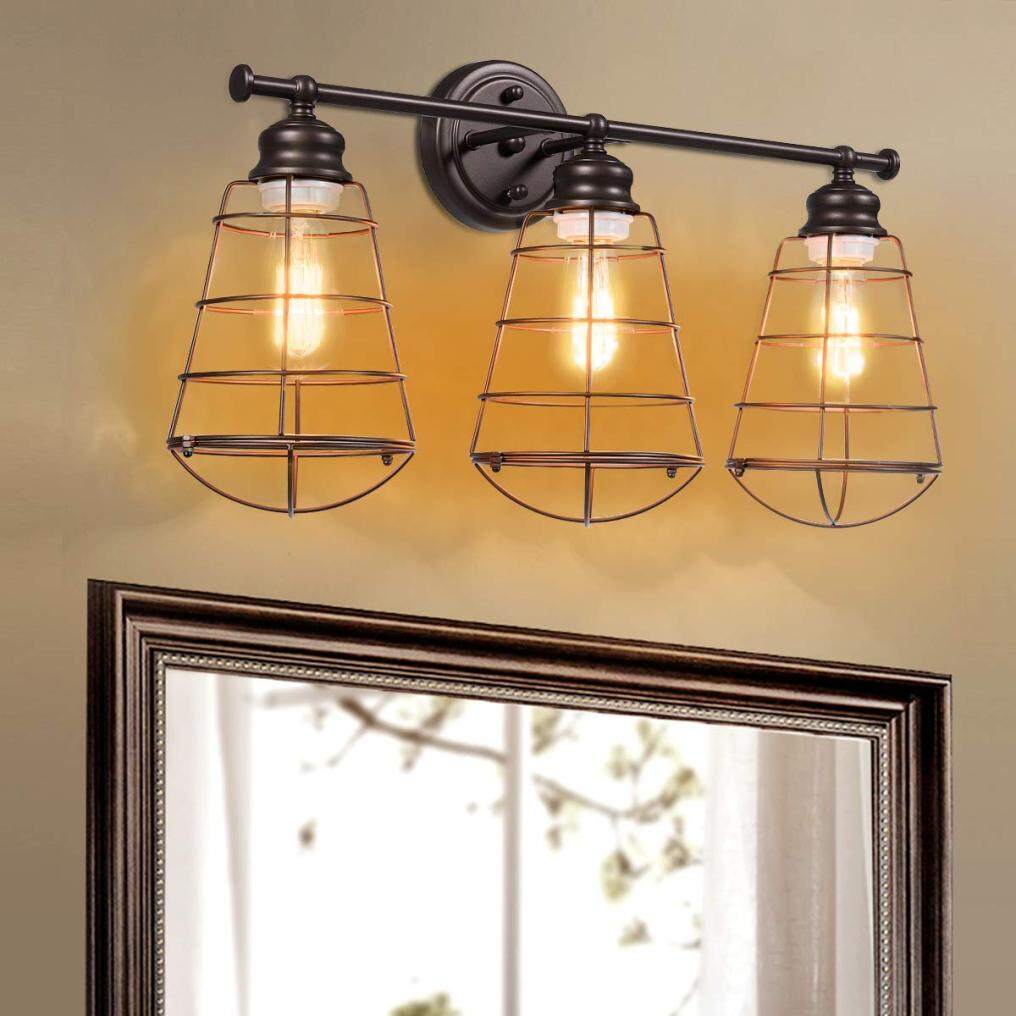 ARLIME 3-Light Vintage Vanity Lights, Industrial Metal Wire Cage Wall Sconces, Metal Wall Mount Lamp (Black & Golden)