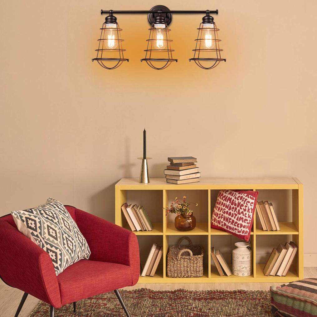 ARLIME 3-Light Vintage Vanity Lights, Industrial Metal Wire Cage Wall Sconces, Metal Wall Mount Lamp (Black & Golden)