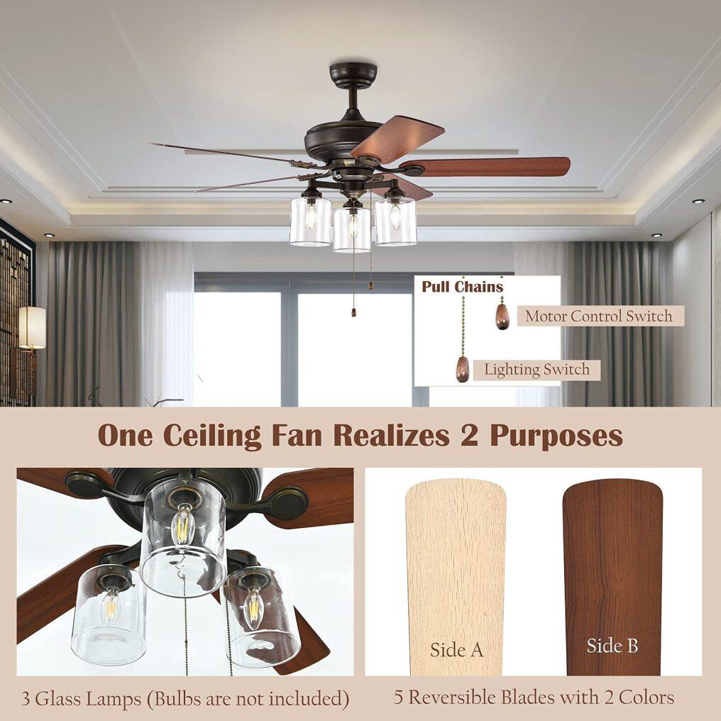 Ceiling Fan with Lights 52 Inch, Industrial Pull Chain Ceiling Fan with Lighting, Reversible Motor and 5 Blades
