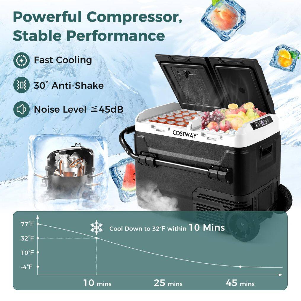 Car Refrigerator with Wheels, 53-Quart Dual-zone Dual-temperature Electric Cooler, 12V/24V DC, 100-240V AC, Black