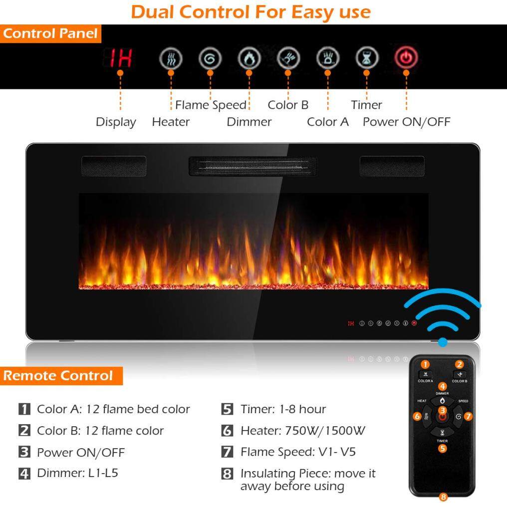 42 Inch Electric Fireplace Recessed and Wall Mounted, Fireplace Heater in-Wall Built with Remote Control, Timer, Touch Screen, Adjustable Color