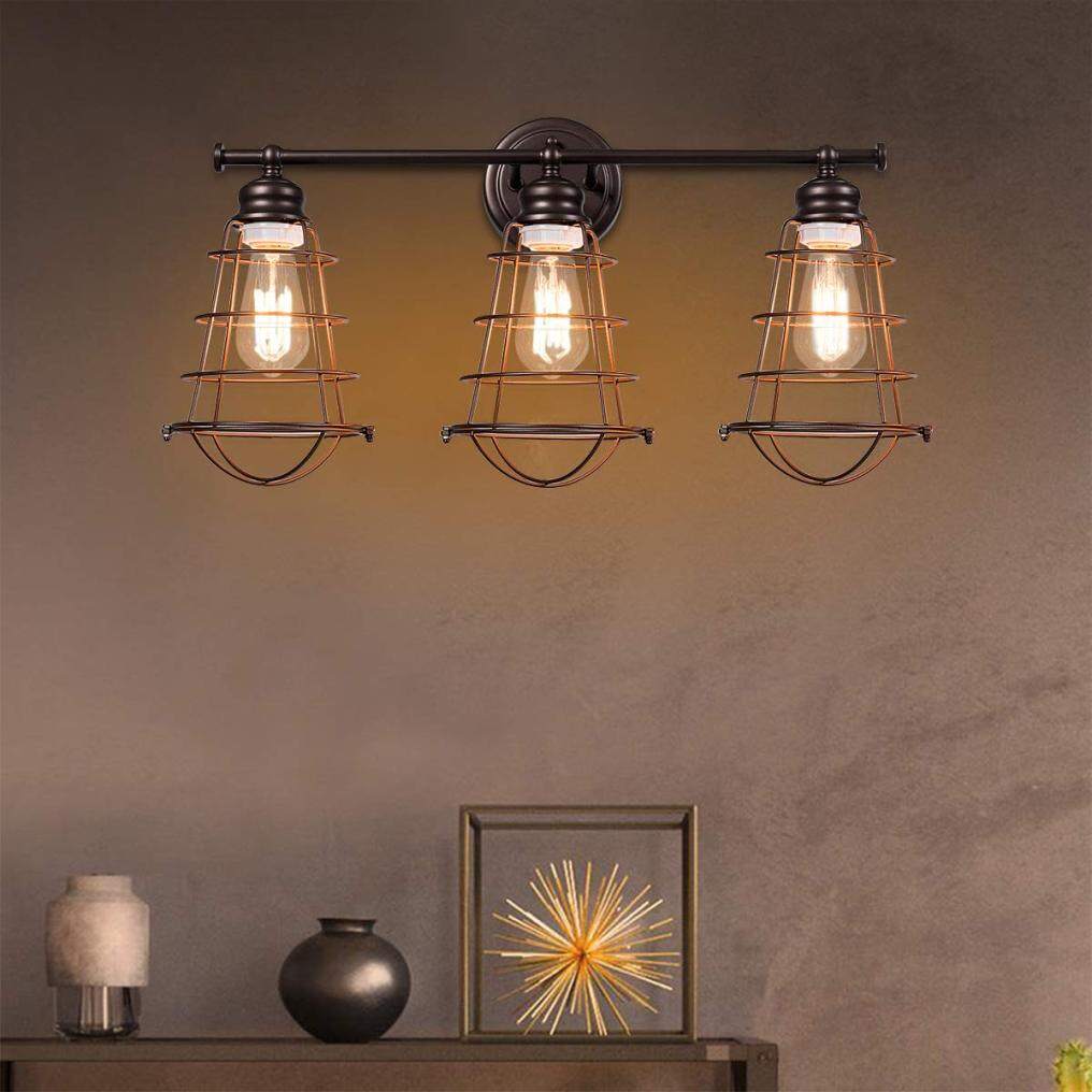 ARLIME 3-Light Vintage Vanity Lights, Industrial Metal Wire Cage Wall Sconces, Metal Wall Mount Lamp (Black & Golden)
