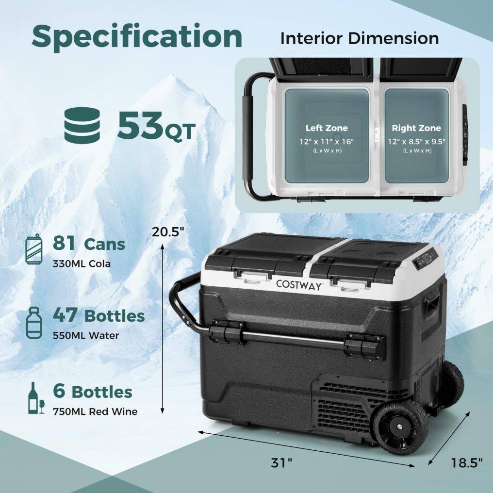 Car Refrigerator with Wheels, 53-Quart Dual-zone Dual-temperature Electric Cooler, 12V/24V DC, 100-240V AC, Black