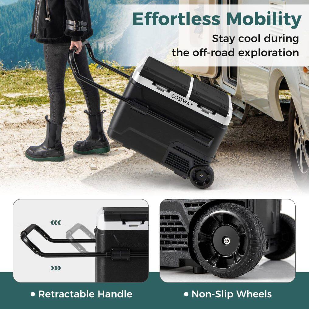 Car Refrigerator with Wheels, 53-Quart Dual-zone Dual-temperature Electric Cooler, 12V/24V DC, 100-240V AC, Black