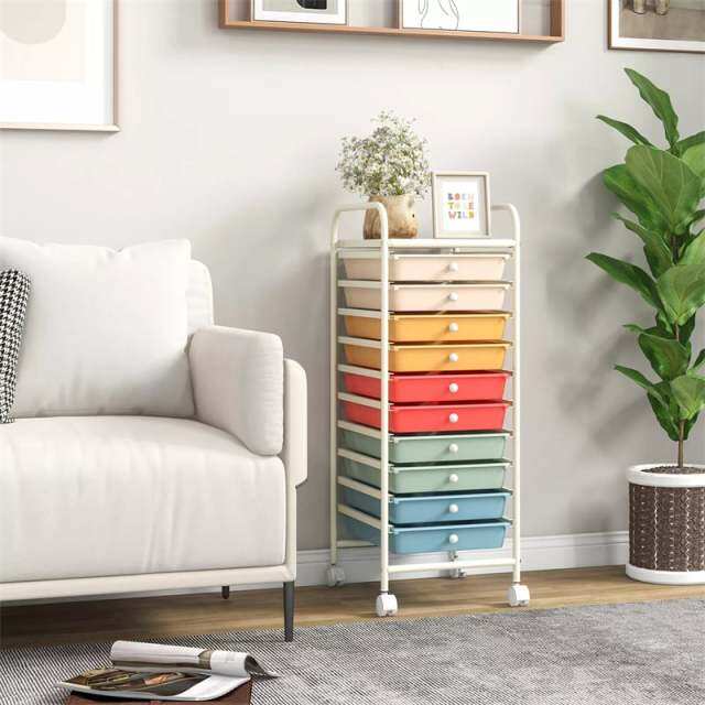 10-Drawer Rolling Storage Cart, Utility Cart with Drawers & Lockable Wheels, Mobile Art Craft Drawer Cart for Home Office, School