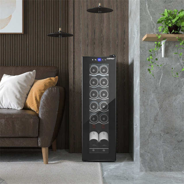 12 Bottle Compressor Wine Cooler Refrigerator with 2-layer Glass Door, LED Lights, 10" Freestanding Built-in Mini Wine Fridge Wine Cellar for Home Bar