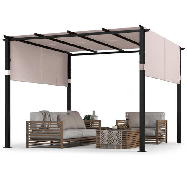 10' x 10' Flat Top Pergola with 2PCS Retractable Sun Shade Canopy, Metal Outdoor Pergola Extra Large Patio Shelter Pavilion for Garden Backyard