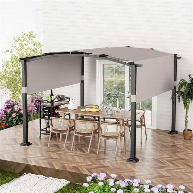 10' x 10' Outdoor Pergola with Retractable Sun Shade Canopy, Metal Frame Patio Pergola Extra Large Shelter Pavilion w/ Anchored Plates