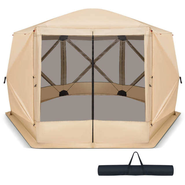 11.5' x 11.5' Pop Up Screen Tent 6-Sided Camping Gazebo Tent Outdoor Instant Canopy Shelter with Netting 2 Wind Clothes & Carry Bag