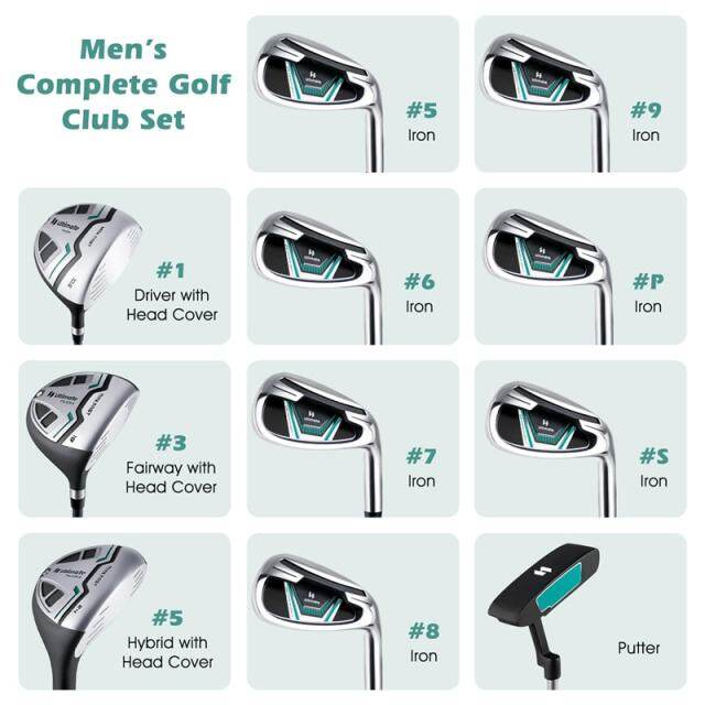12 Pieces Men's Complete Golf Club Set Right Hand, Golf Club Package Set with 460CC Alloy Driver, #3 Fairway, Rain Hood, Portable Golf Stand Bag
