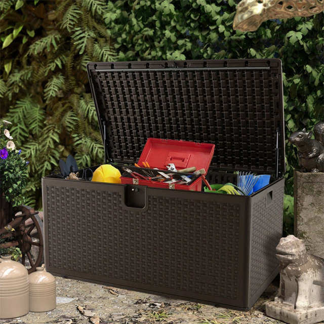 120 Gallon All-Weather HDPE Patio Deck Box with Lockable Lid & Gas Struts, Outdoor Storage Container for Cushions, Garden Tools, Pool Accessories