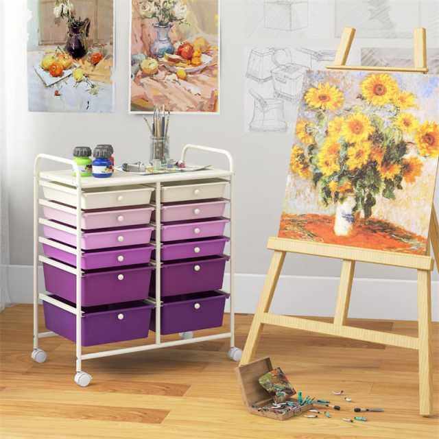 12-Drawer Rolling Storage Cart, Multipurpose Organizer Cart with Lockable Casters, Mobile Utility Cart for School Office Beauty Salon