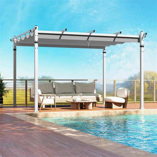 12' x 10' Aluminum Pergola with Retractable Canopy, Outdoor Pergola Extra Large Patio Shelter Pergola Pavilion for Deck Garden Yard