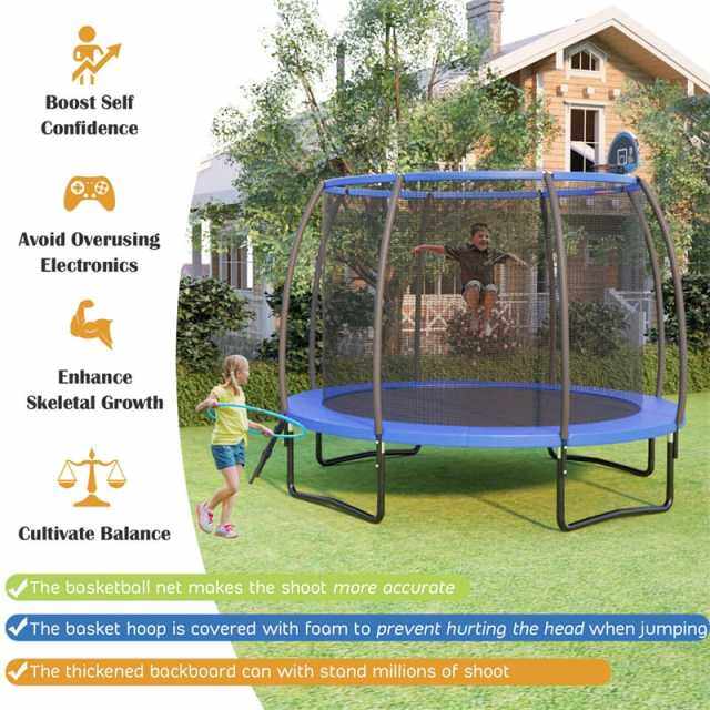 12FT Recreational Trampoline ASTM Approved Large Trampoline with Safety Enclosure Net Ladder Basketball Hoop & Ballpump