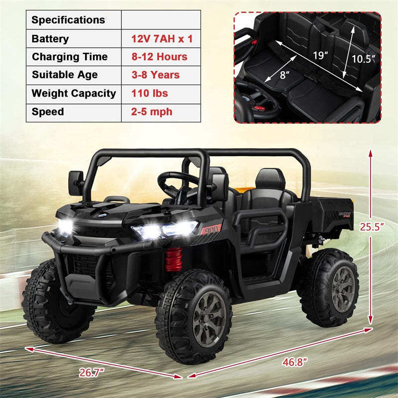 2-Seater Ride On Kids Car, 12V Off-Road UTV Electric Dump Truck with Remote, Dump Bed, Shovel & Rocking Function, Toddler Battery Ride On Toy