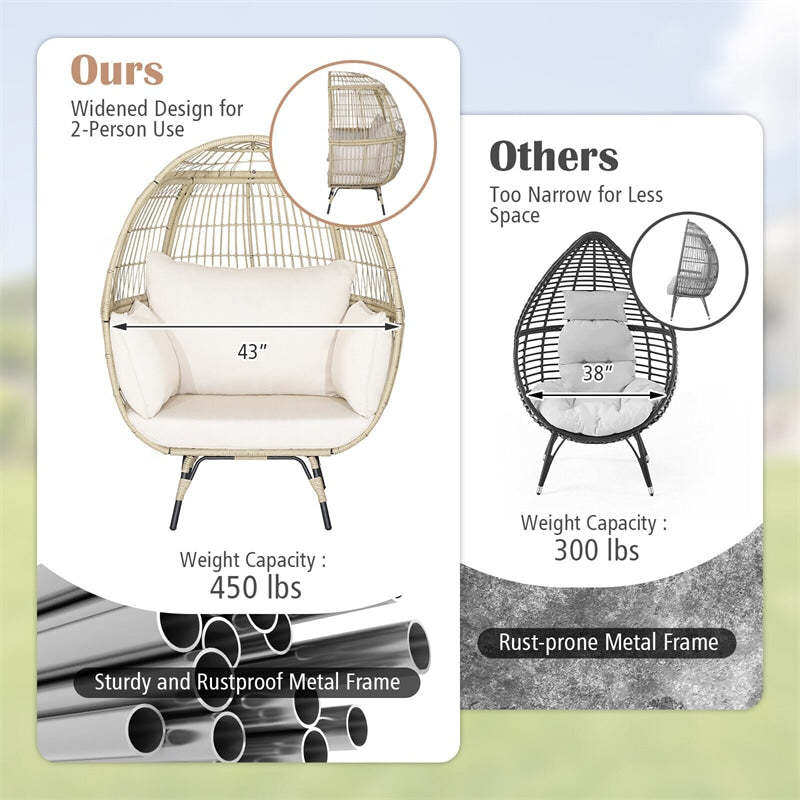 Oversized Wicker Egg Chair, Indoor/Outdoor PE Rattan Basket Lounge Chair with 4 Cushions, Steel Frame, 450LBS Capacity for Patio, Backyard