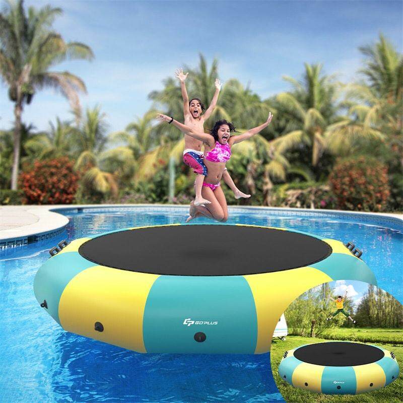 15FT Inflatable Water Trampoline, Floating Lake Trampoline with 500W Electric Inflator & Rope Ladder, Recreational Water Bouncer for Pool