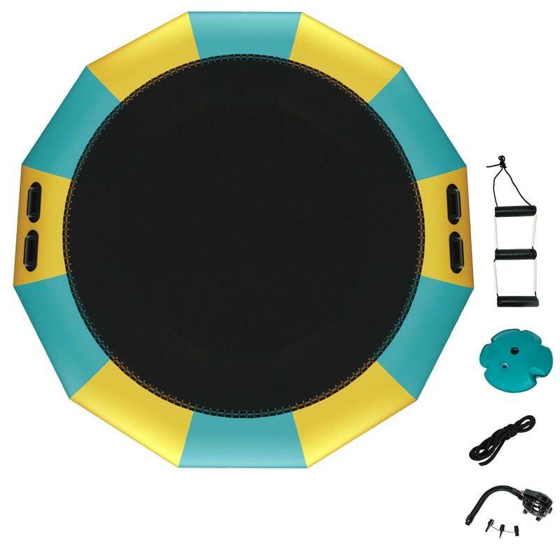 15FT Inflatable Water Trampoline, Floating Lake Trampoline with 500W Electric Inflator & Rope Ladder, Recreational Water Bouncer for Pool