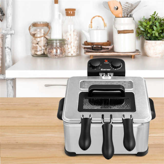 Electric Deep Fryer 5.3QT/21-Cup Stainless Steel Countertop Deep Fryer 1700W with Triple Basket & Adjustable Temperature for Kitchen Restaurant