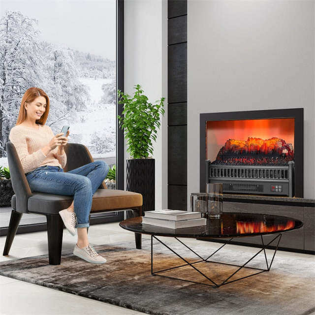 1400W Electric Fireplace Log Heater, Realistic Ember Bed Insert with Remote Control, Adjustable Flame Brightness & Temperature, Overheat Protection