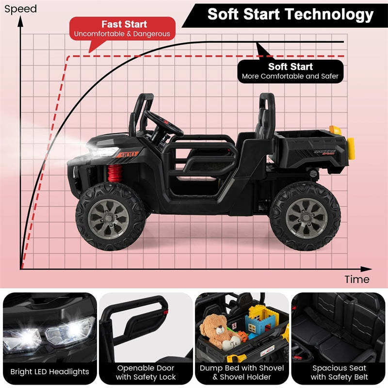 24V 2-Seater Ride-On Dump Truck, Kids Electric UTV with Dump Bed, Shovel, Remote Control & Dual Motors, Battery Powered Ride-On Car for Child